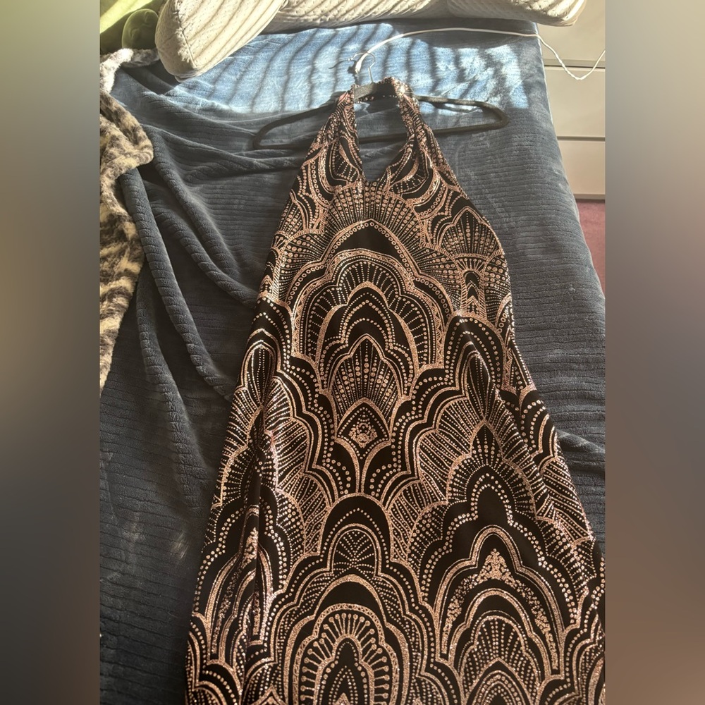 Rose gold and black backless plunge dress